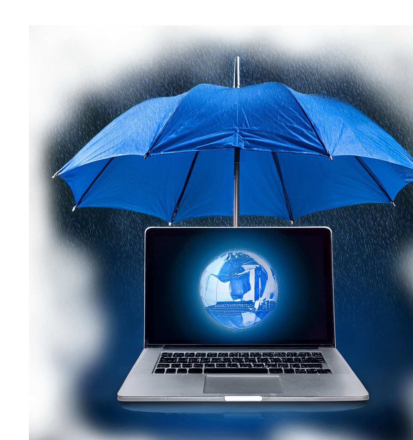 Ein blauer Schirm schützt einen Laptop im Regen – Symbol für digitale Sicherheit und Schutz sensibler Daten vor Gefahren.